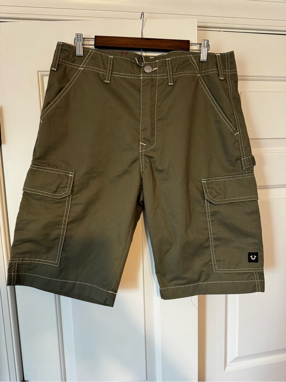 True Religion Olive Green Cargo Shorts with Contrast Stitching